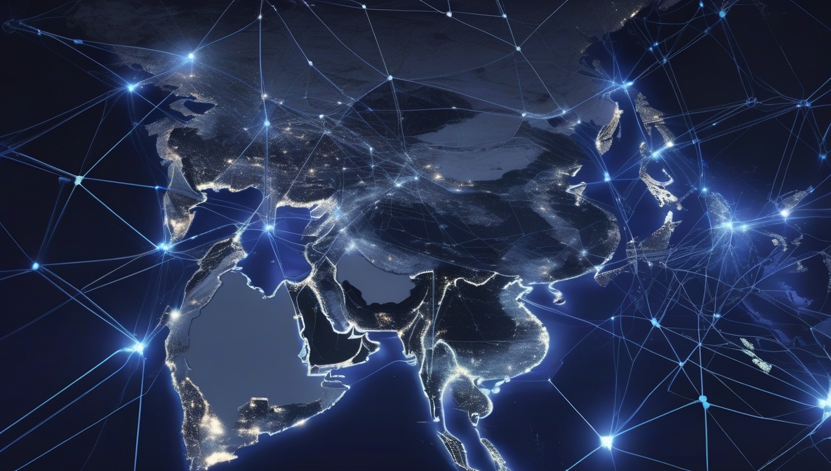 Glowing network map of Asia-Pacific e-commerce and logistics nodes connected by AI workflow automation pipelines