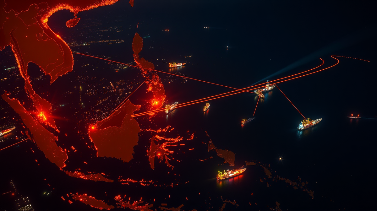 Aerial night view of Southeast Asia showing glowing trade routes connecting Vietnam and Malaysia across the South China Sea