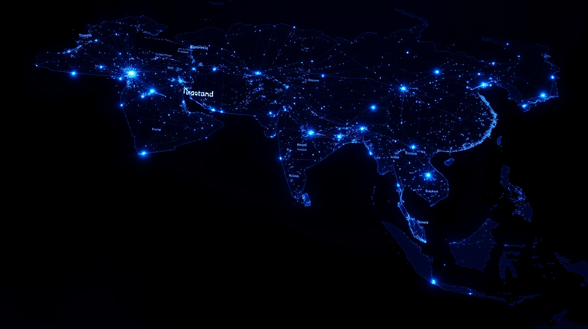 Glowing data flow lines connecting APAC cities on a dark aerial map, representing a multi-market first-party data strategy for retail brands