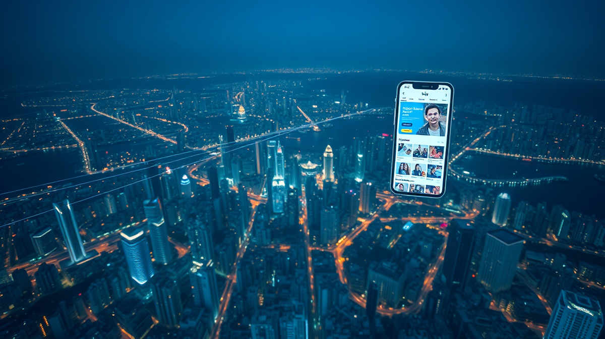 Aerial night view of Southeast Asian cities connected by AI-powered product discovery data streams and mobile commerce interfaces