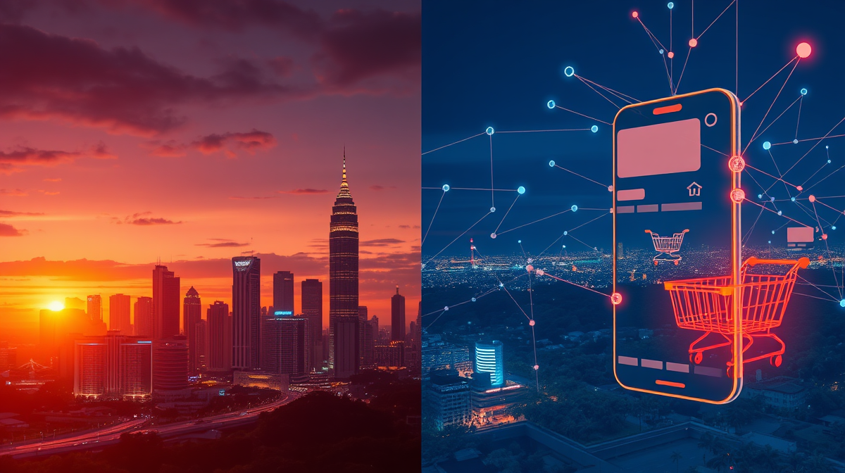 Vibrant digital marketplace ecosystem in Malaysia with mobile shopping, interconnected platforms, and Southeast Asian urban backdrop at dusk